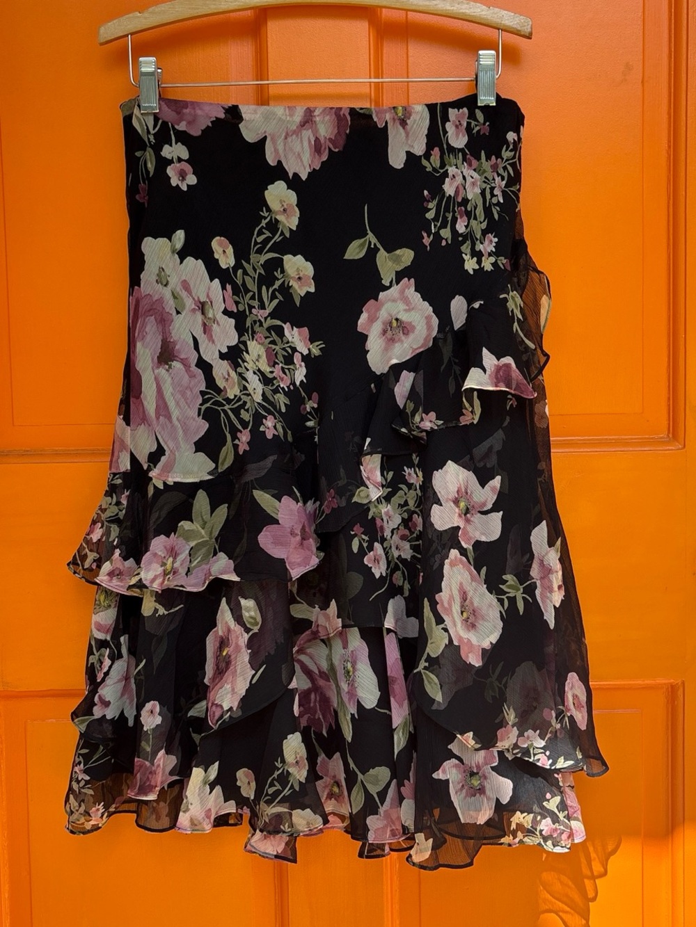 Lauren Ralph Lauren Silk Black Floral Midi Skirt with Pink Flowers